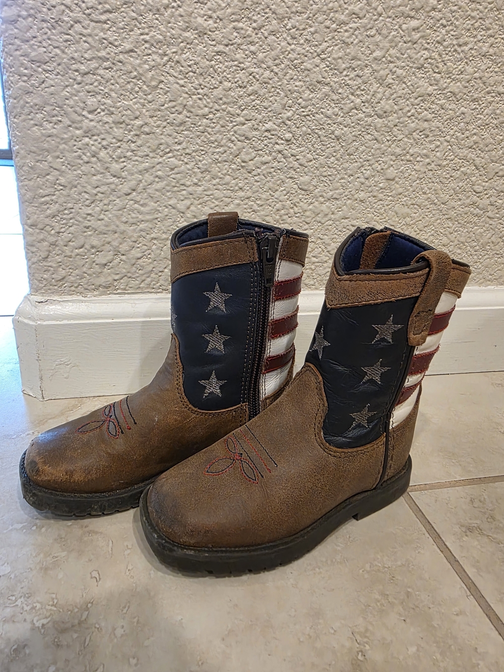 Cody James Kids Western American Flag Leather Boots - Brown, Navy & Red